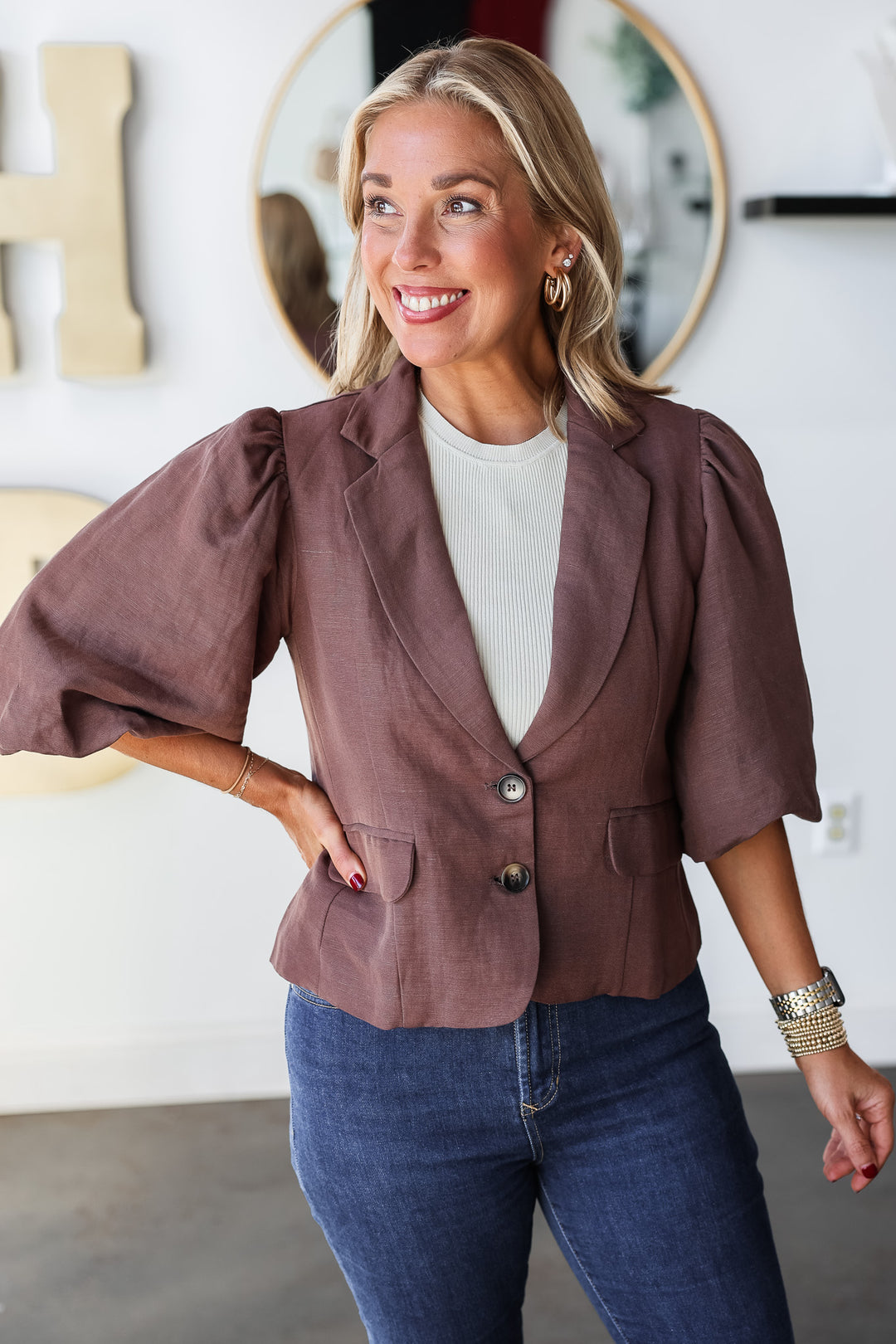 Three-Quarter Sleeve Blazer - Brown