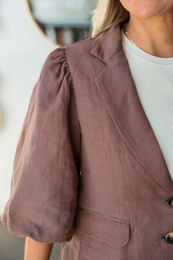 Three-Quarter Sleeve Blazer - Brown