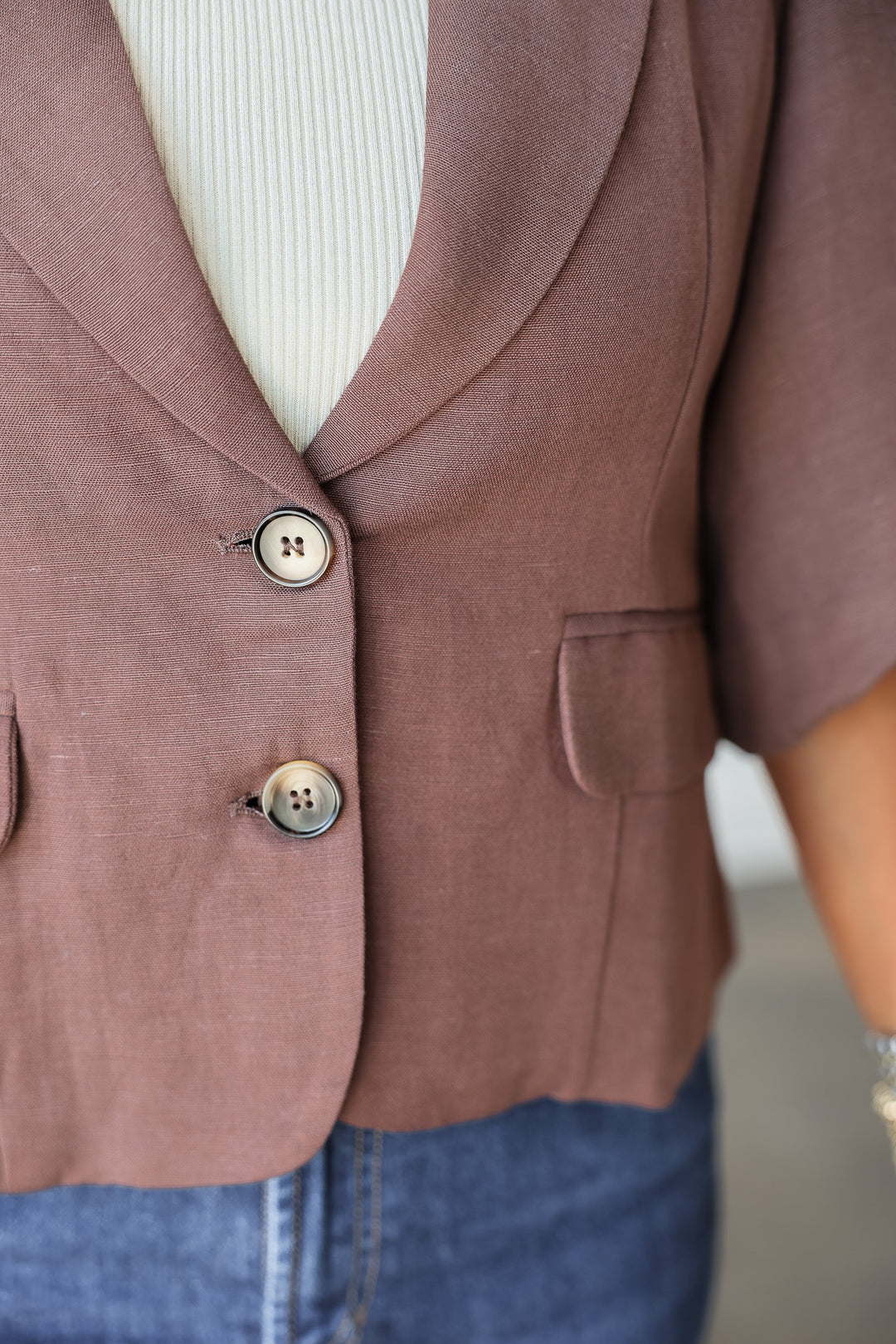 Three-Quarter Sleeve Blazer - Brown