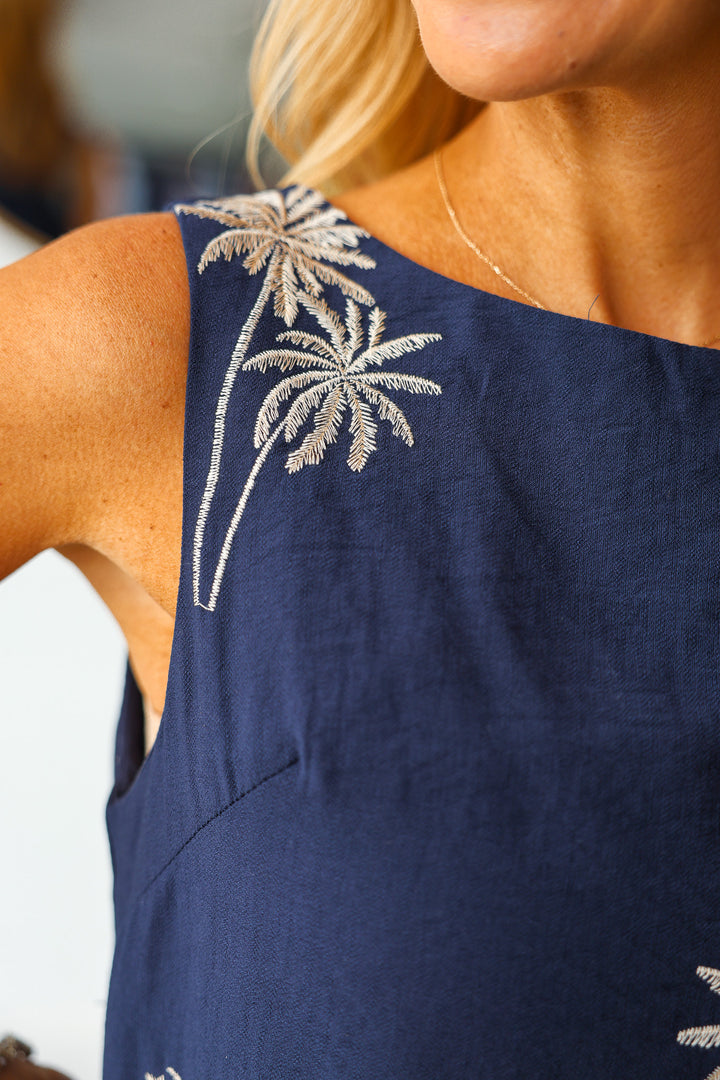 Palm Tree Embroidered Dress - Navy
