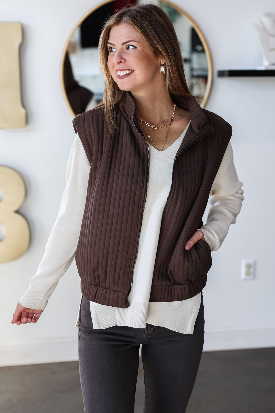 Textured Stripe Vest - Brown