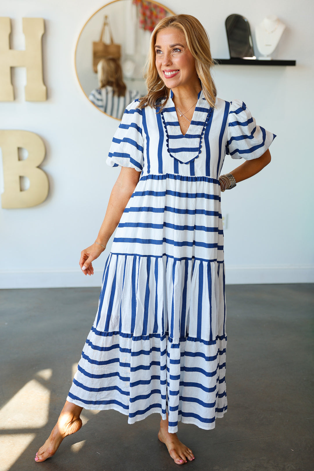 Multi Striped Midi Dress - Navy