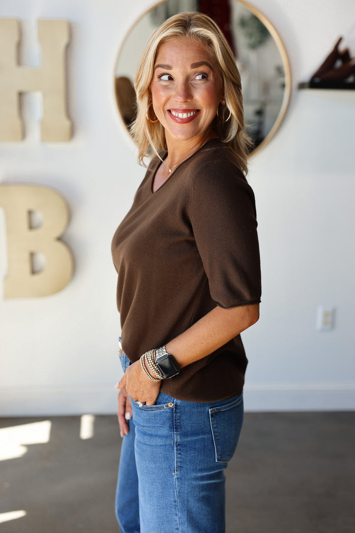 V Neck Short Sleeve Sweater - Brown