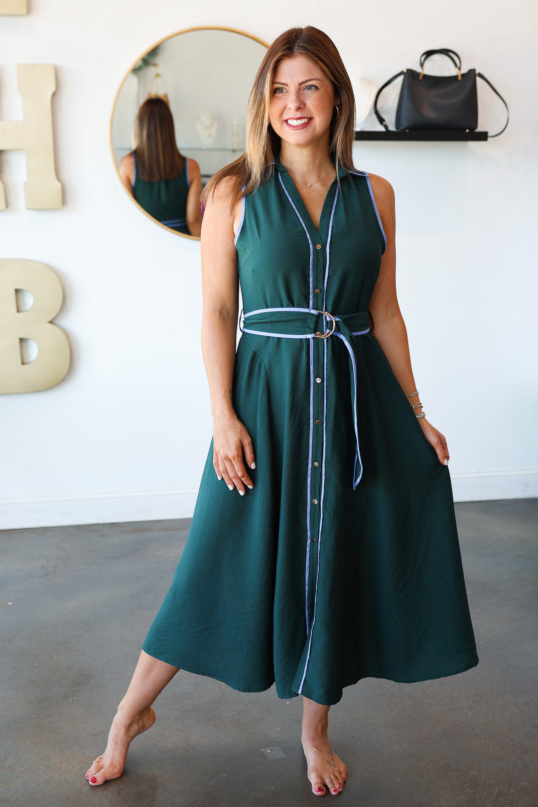 Belted Midi Dress - Dark Green