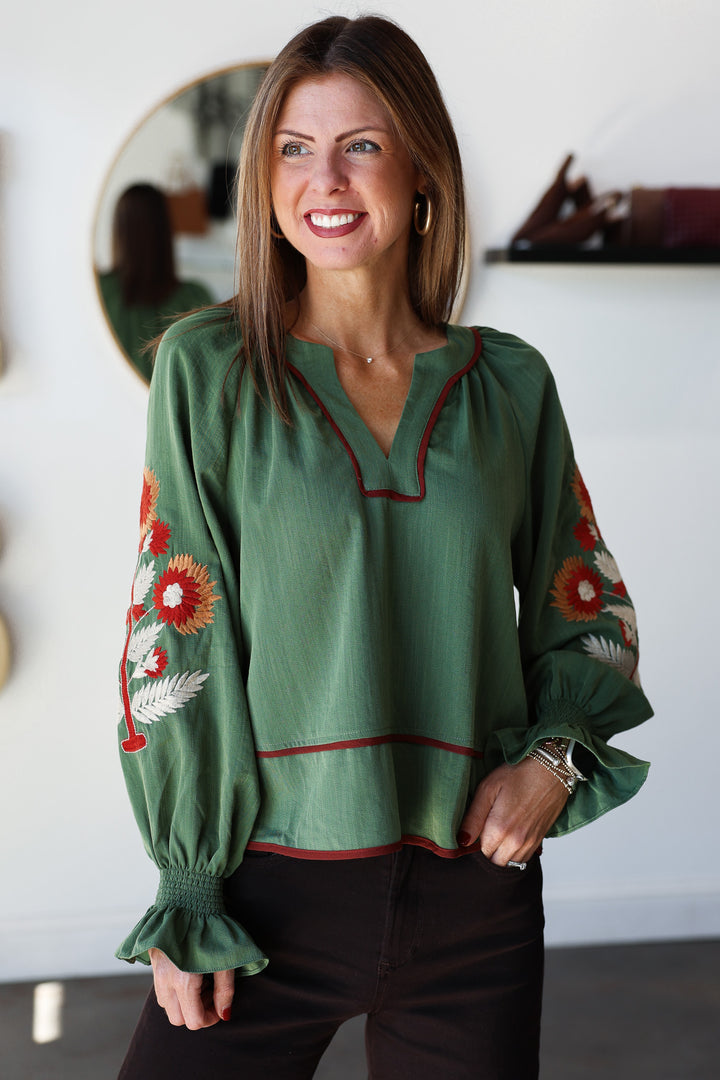 Embroidered Sleeve Top - Olive