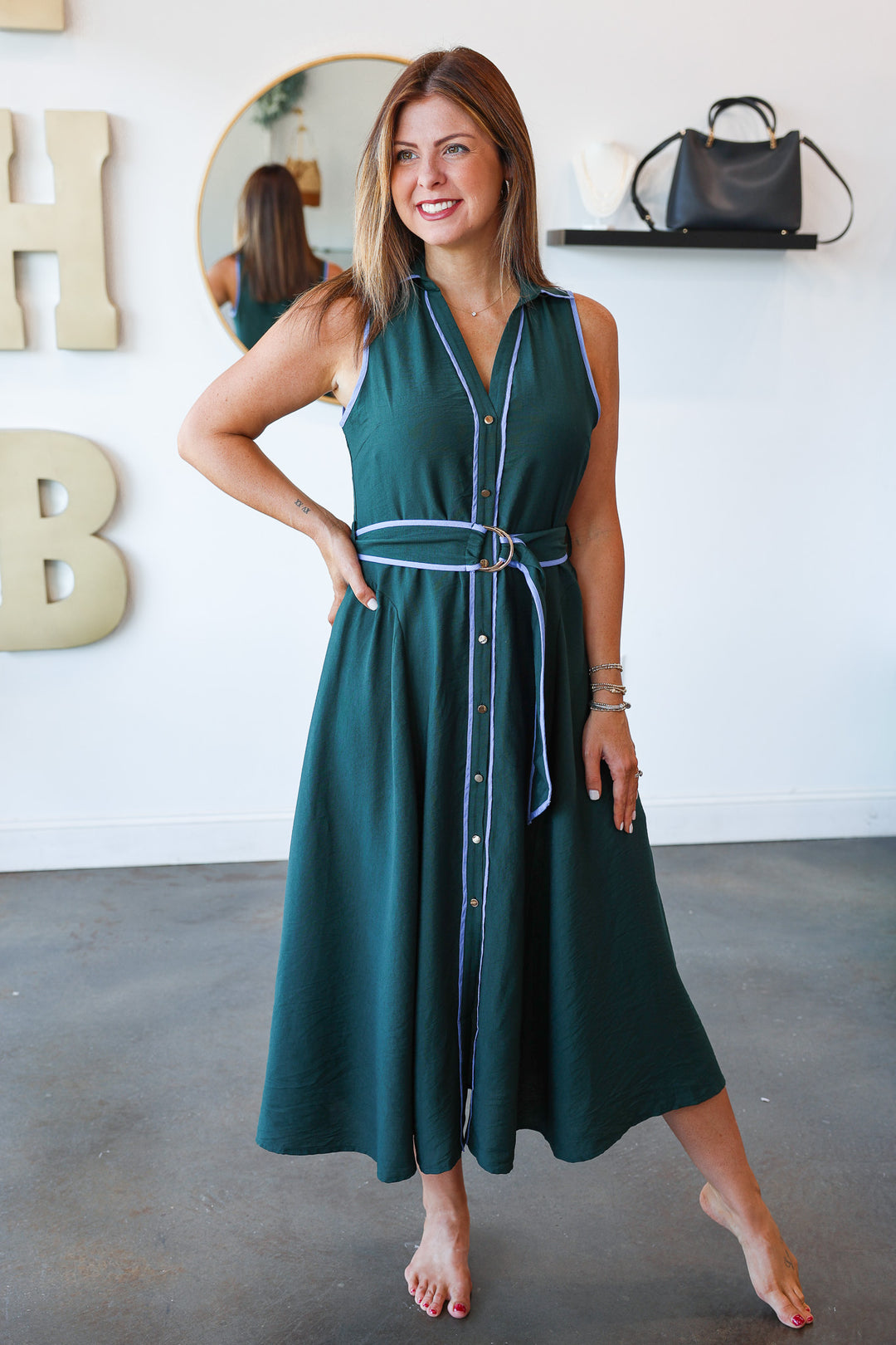 Belted Midi Dress - Dark Green