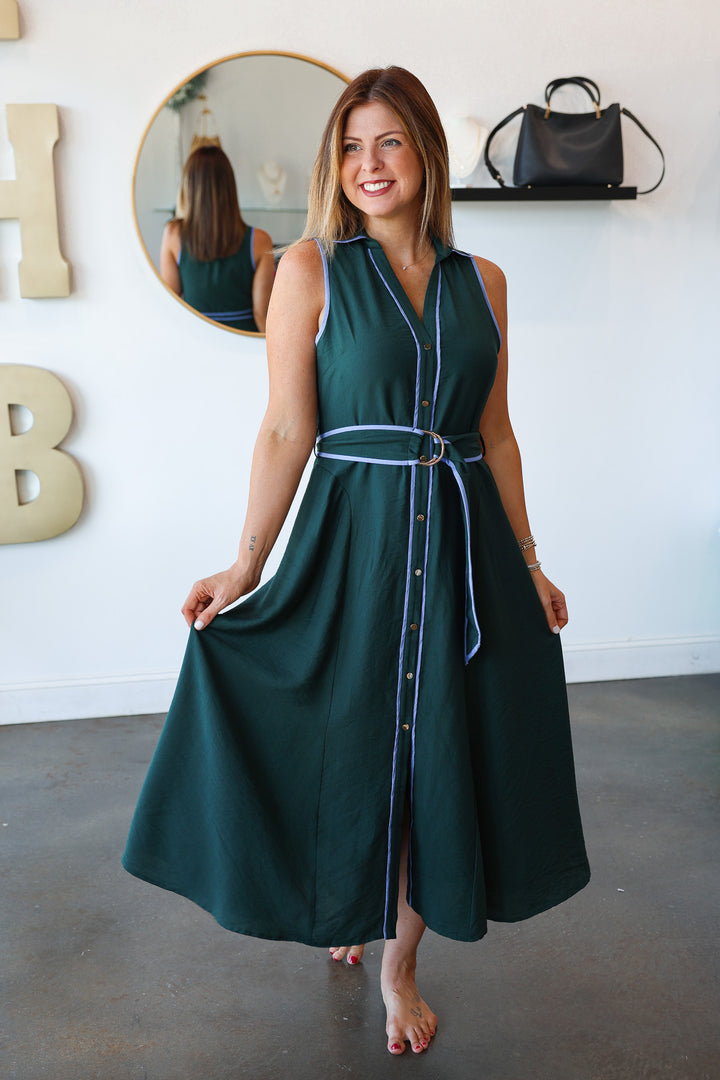 Belted Midi Dress - Dark Green