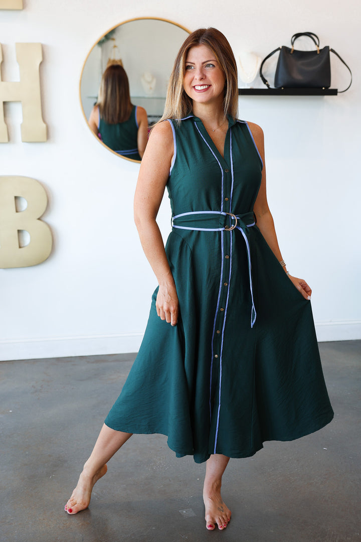 Belted Midi Dress - Dark Green