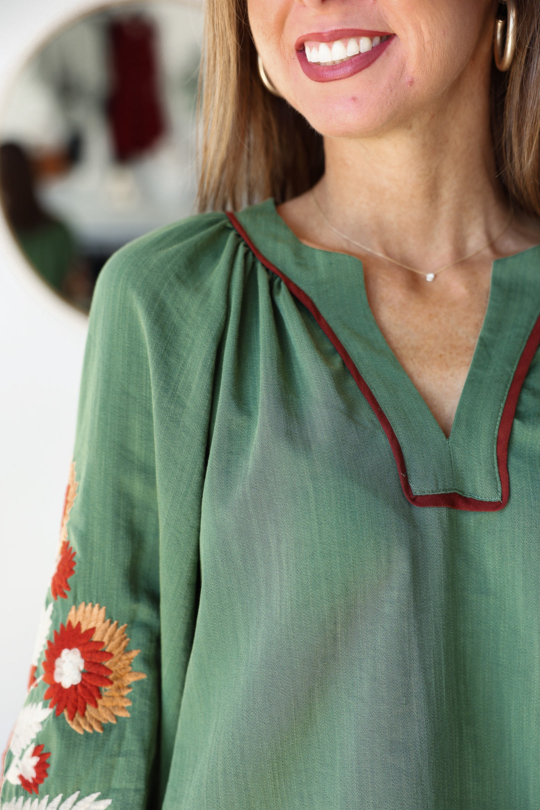 Embroidered Sleeve Top - Olive