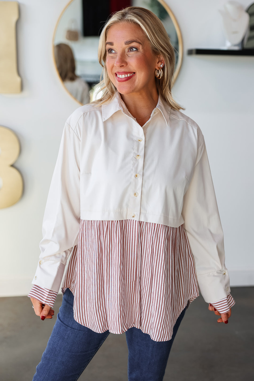 Mixed Button Down Top - Ecru