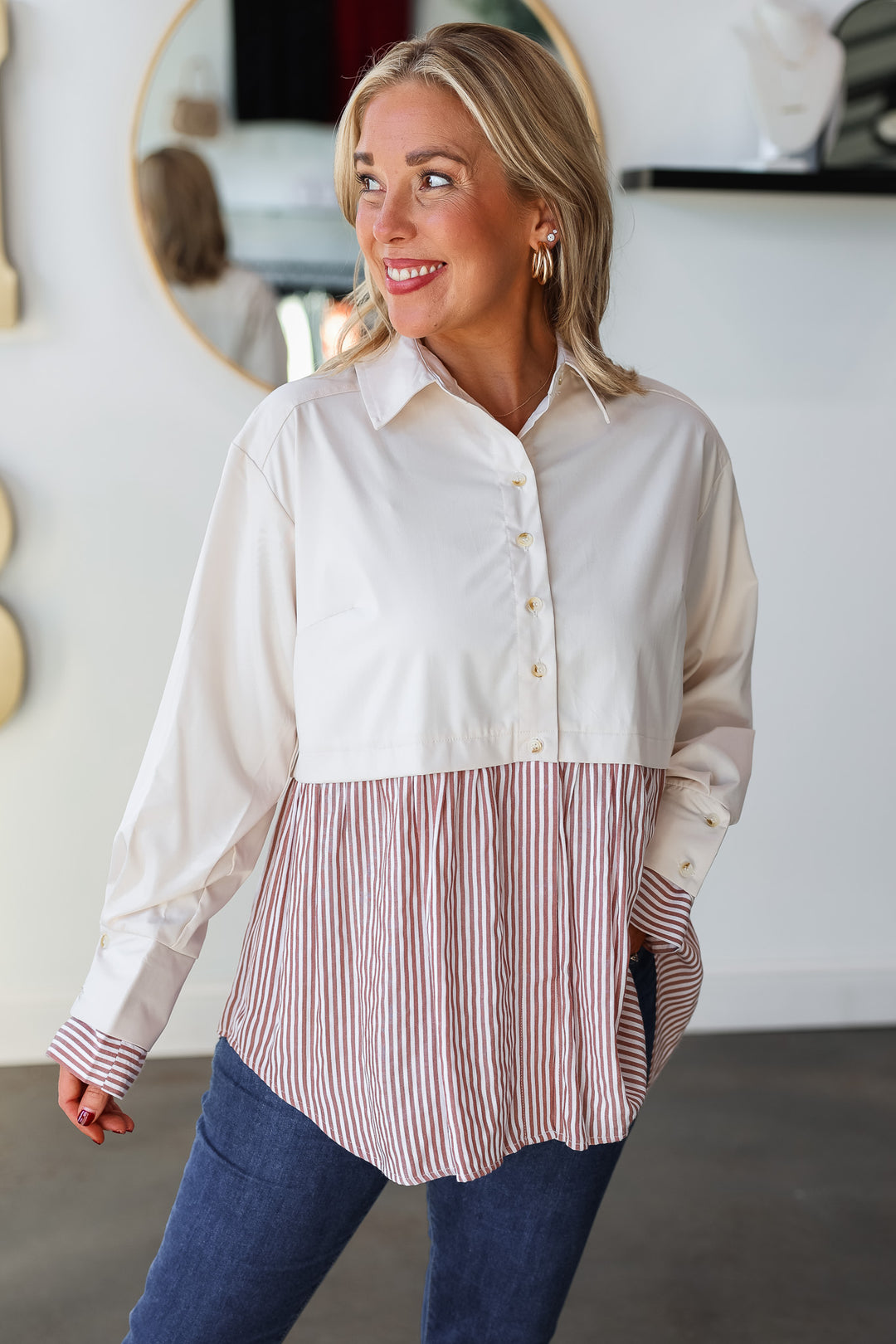 Mixed Button Down Top - Ecru