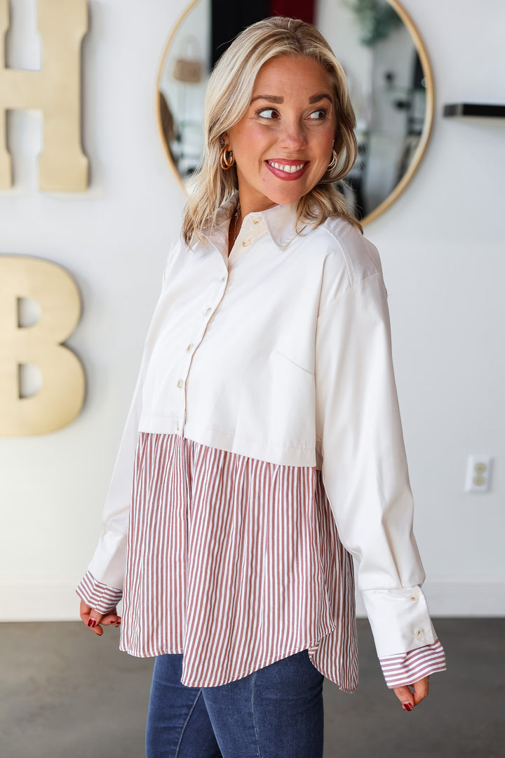 Mixed Button Down Top - Ecru