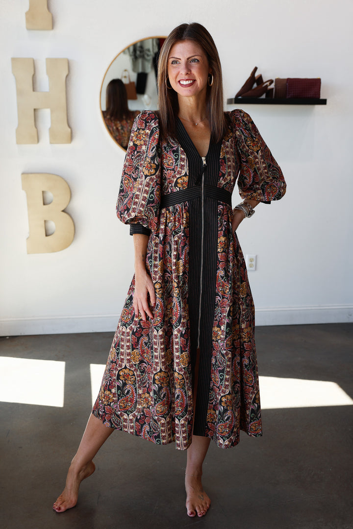 Front Zip Floral Contrast Dress