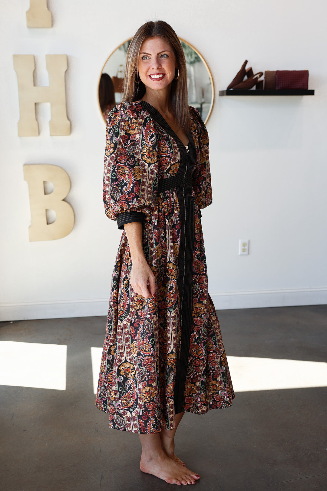 Front Zip Floral Contrast Dress