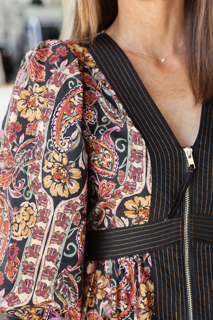 Front Zip Floral Contrast Dress