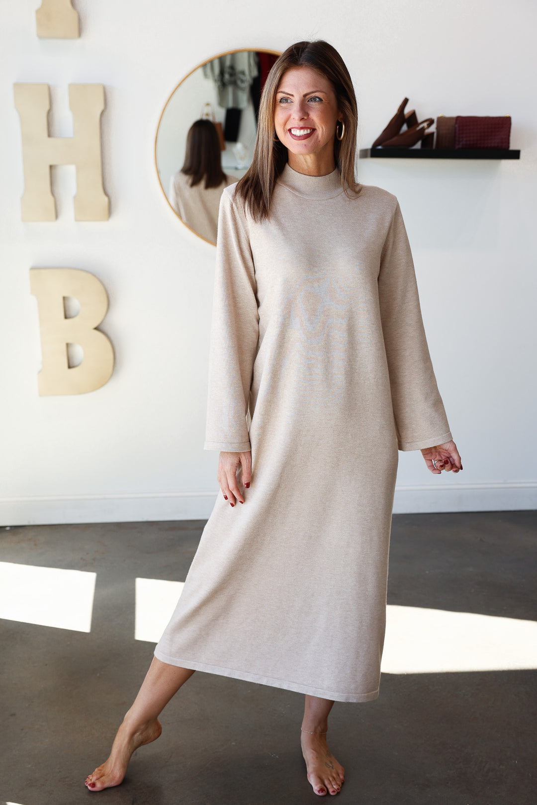 Mock Neck Knit Maxi Dress - Oatmeal