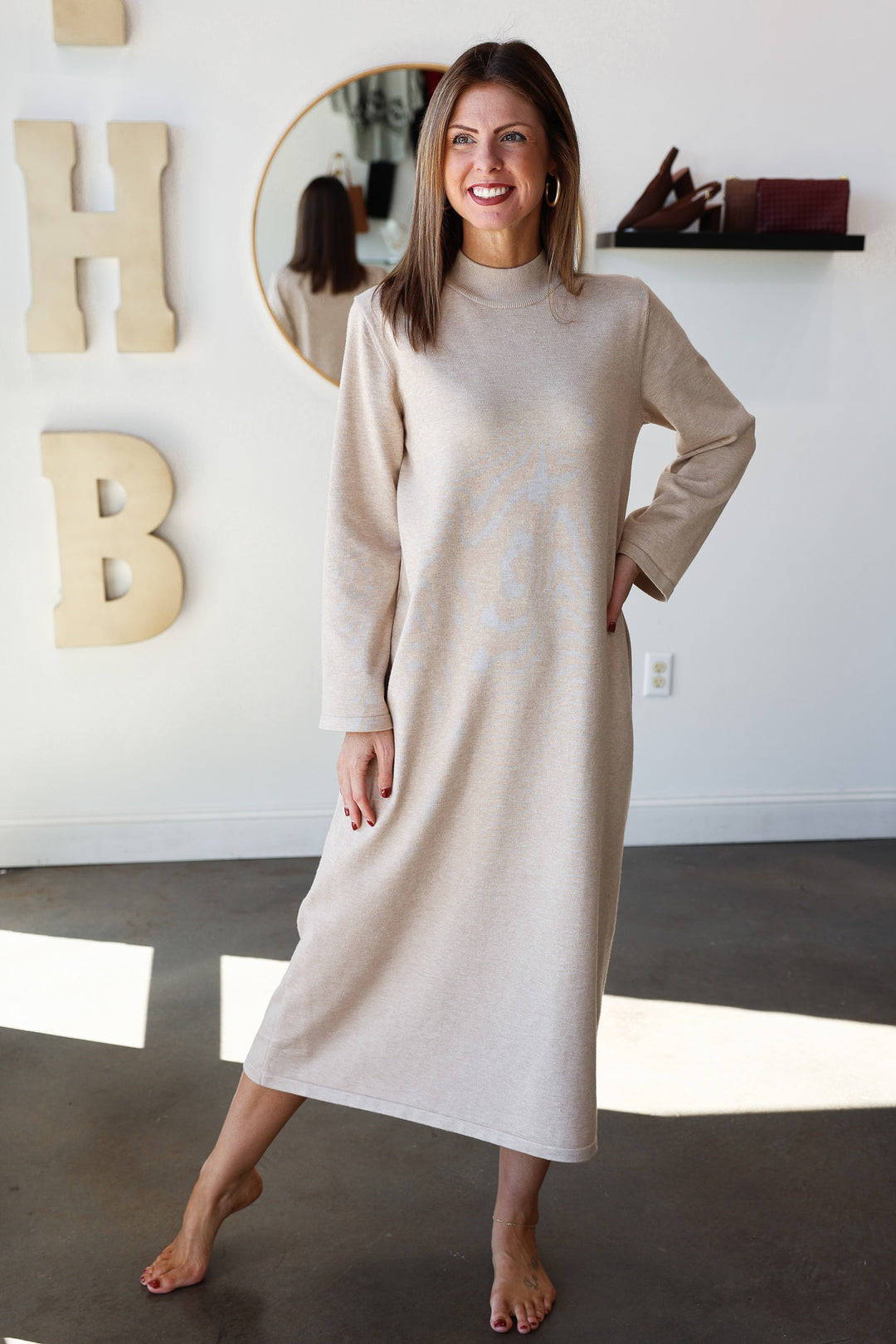 Mock Neck Knit Maxi Dress - Oatmeal