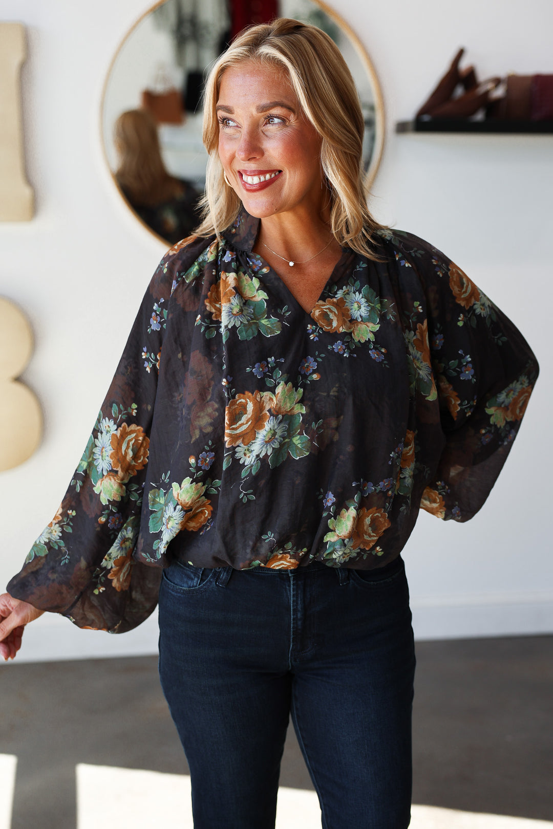 Bubble Hem Floral Top - Chocolate