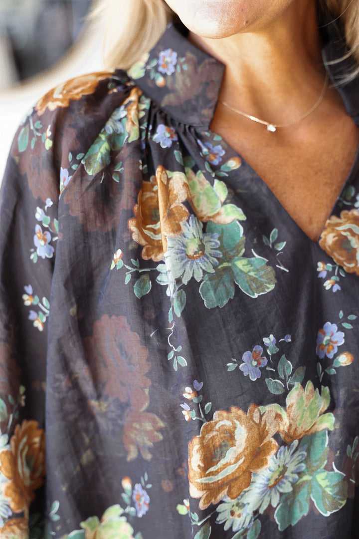 Bubble Hem Floral Top - Chocolate