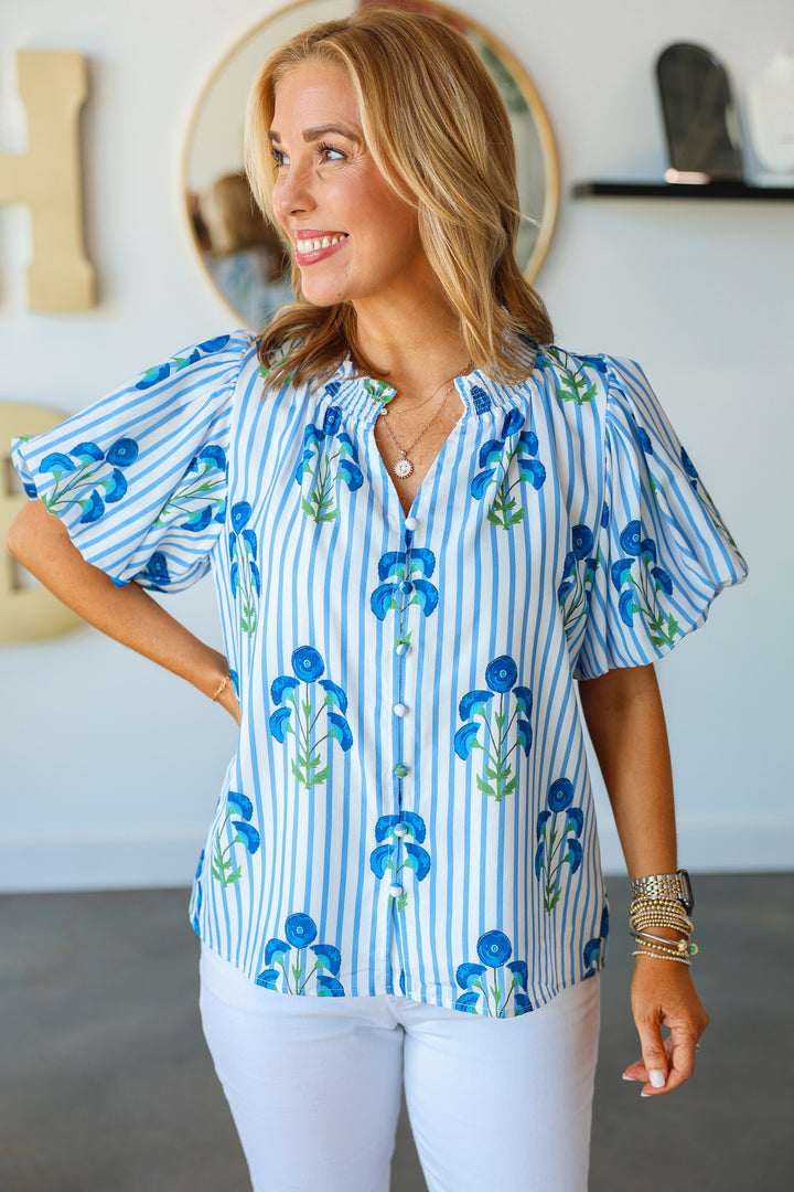 Button Down Floral Striped Top - Blue