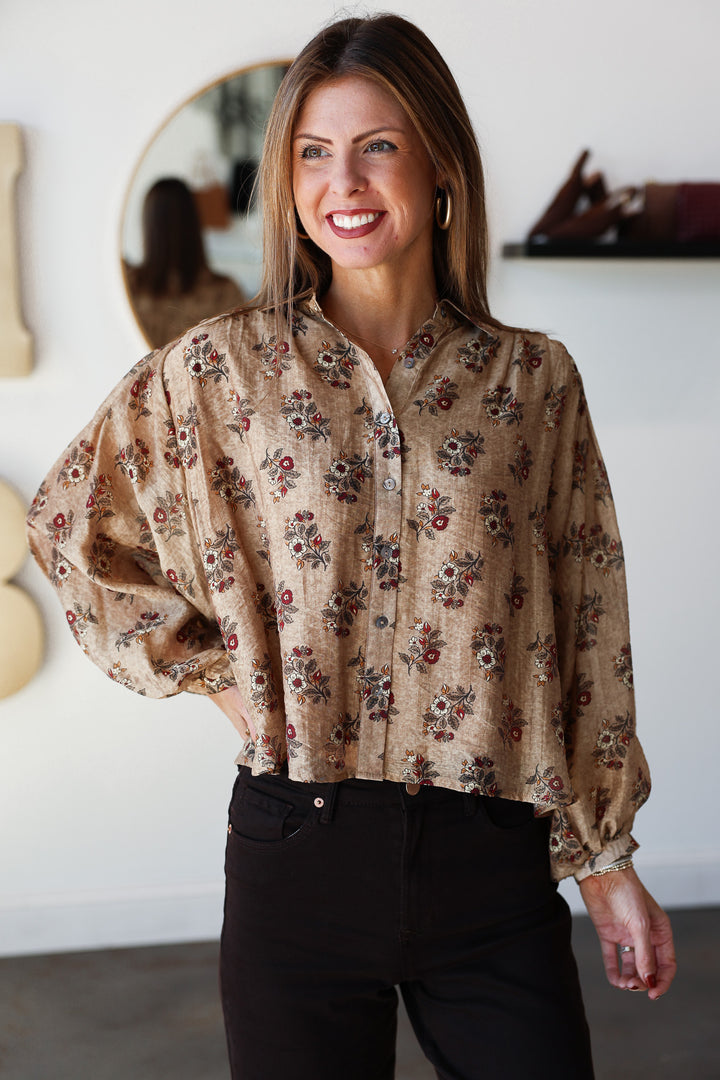 Floral Print Button Down Top - Taupe