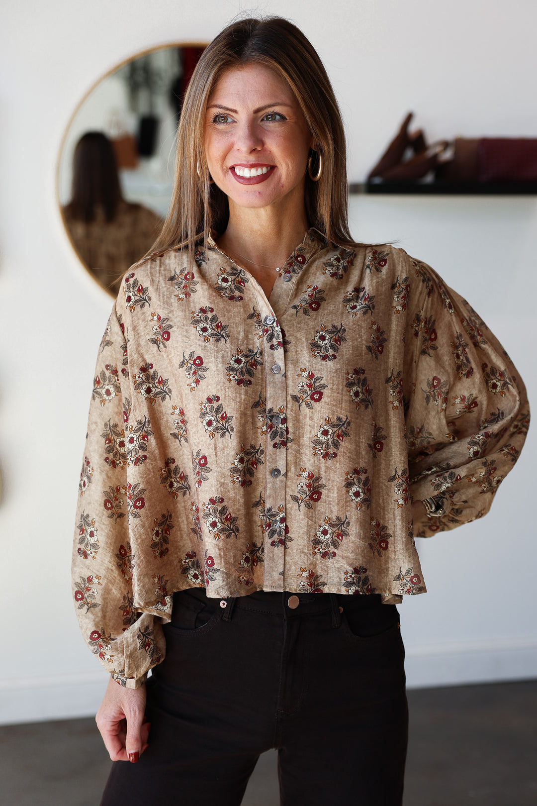 Floral Print Button Down Top - Taupe