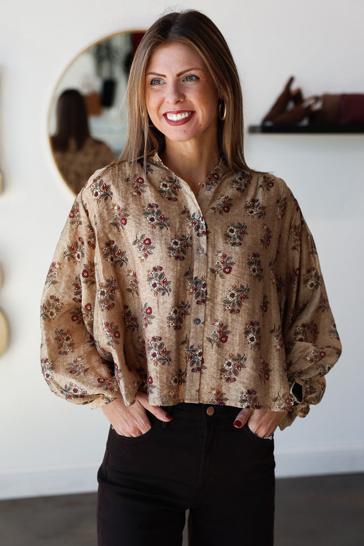 Floral Print Button Down Top - Taupe