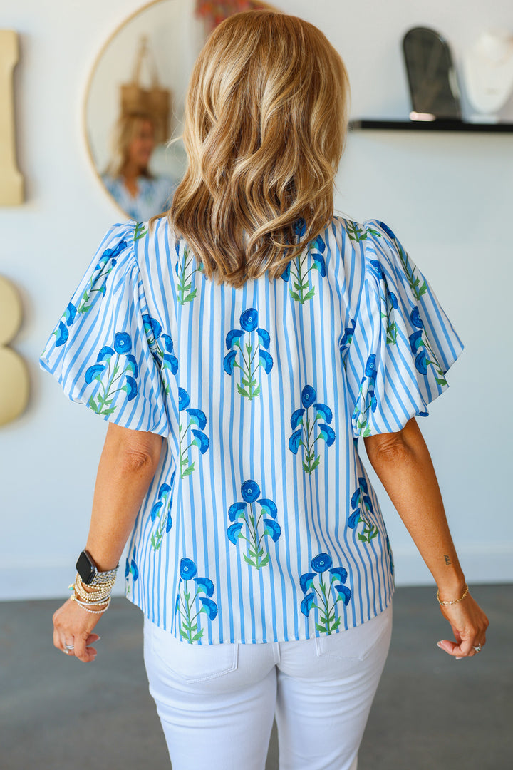 Button Down Floral Striped Top - Blue