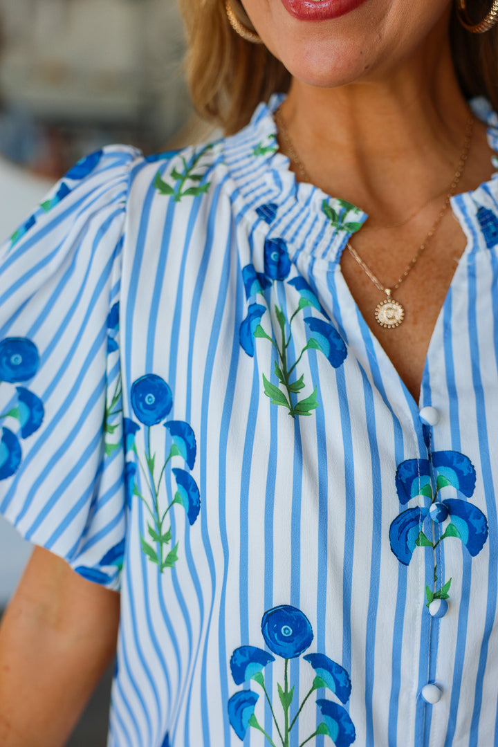 Button Down Floral Striped Top - Blue