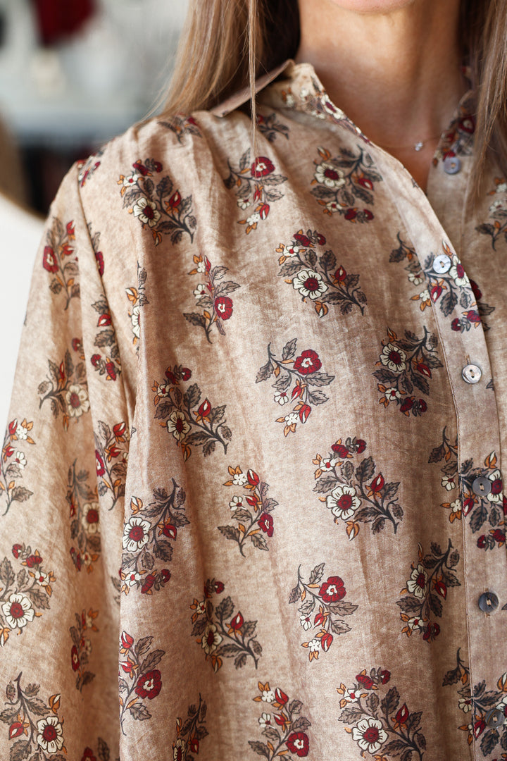 Floral Print Button Down Top - Taupe