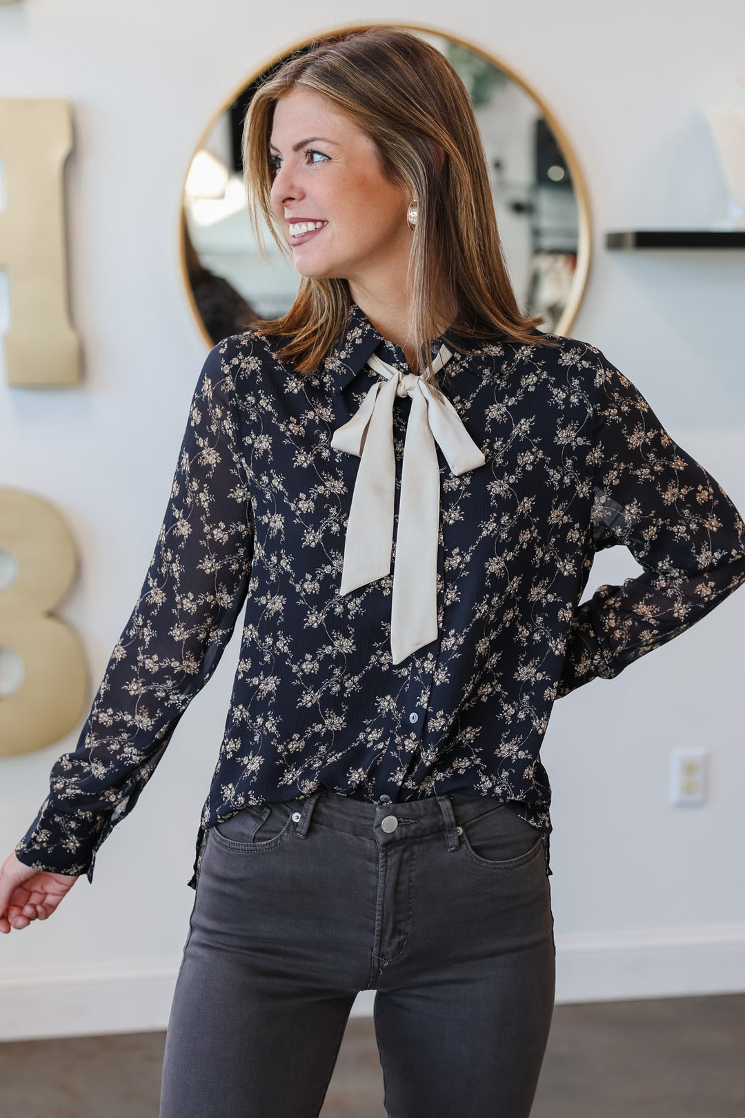 Tie Neck Floral Blouse - Navy