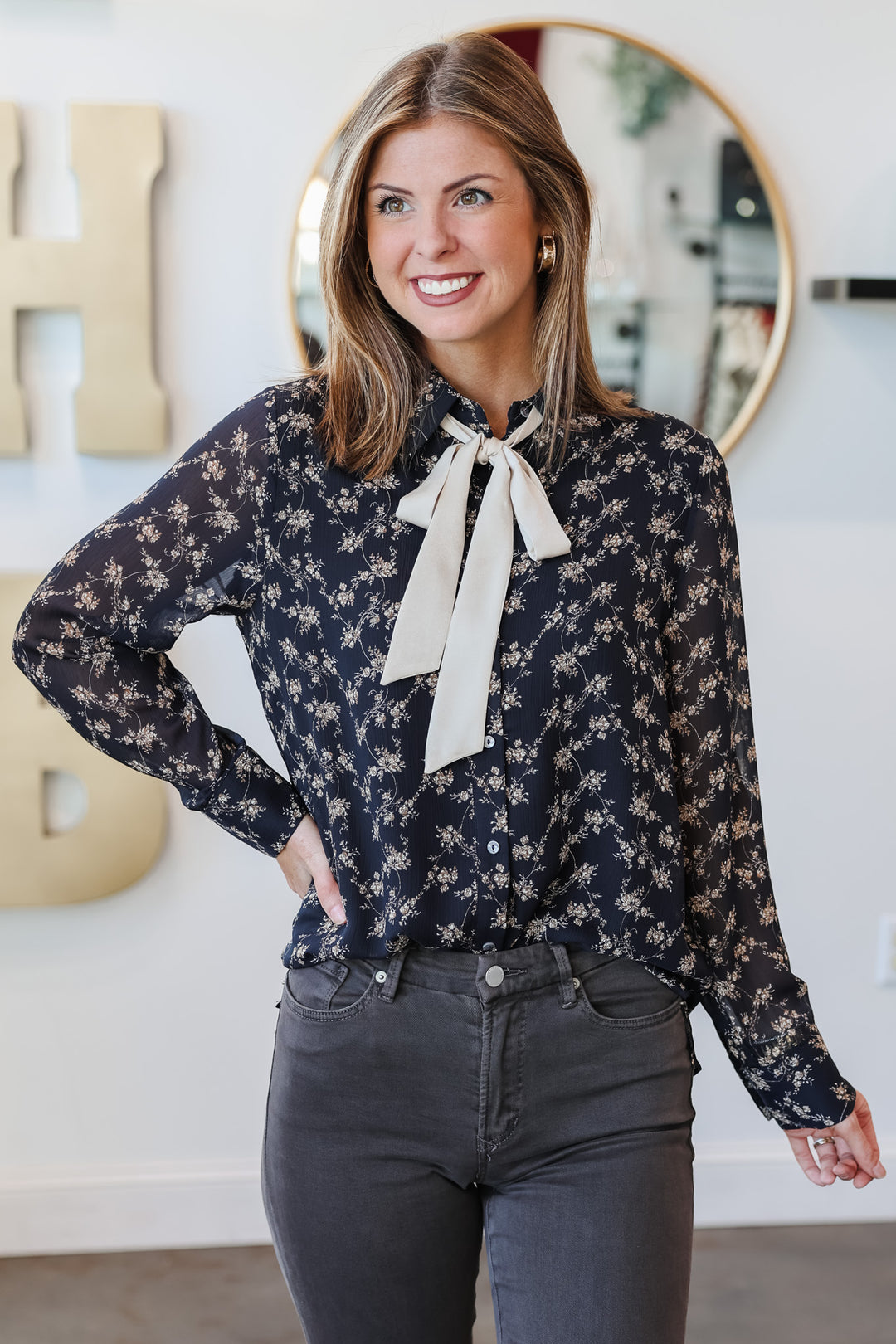 Tie Neck Floral Blouse - Navy