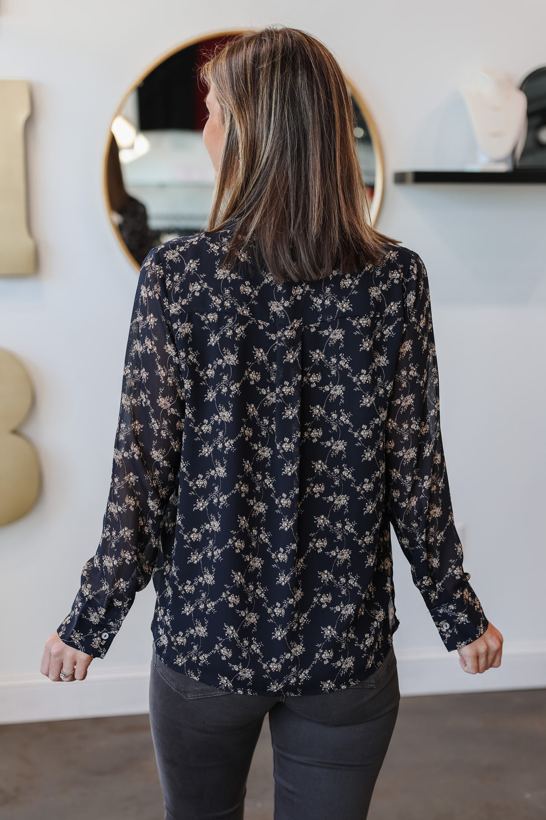 Tie Neck Floral Blouse - Navy