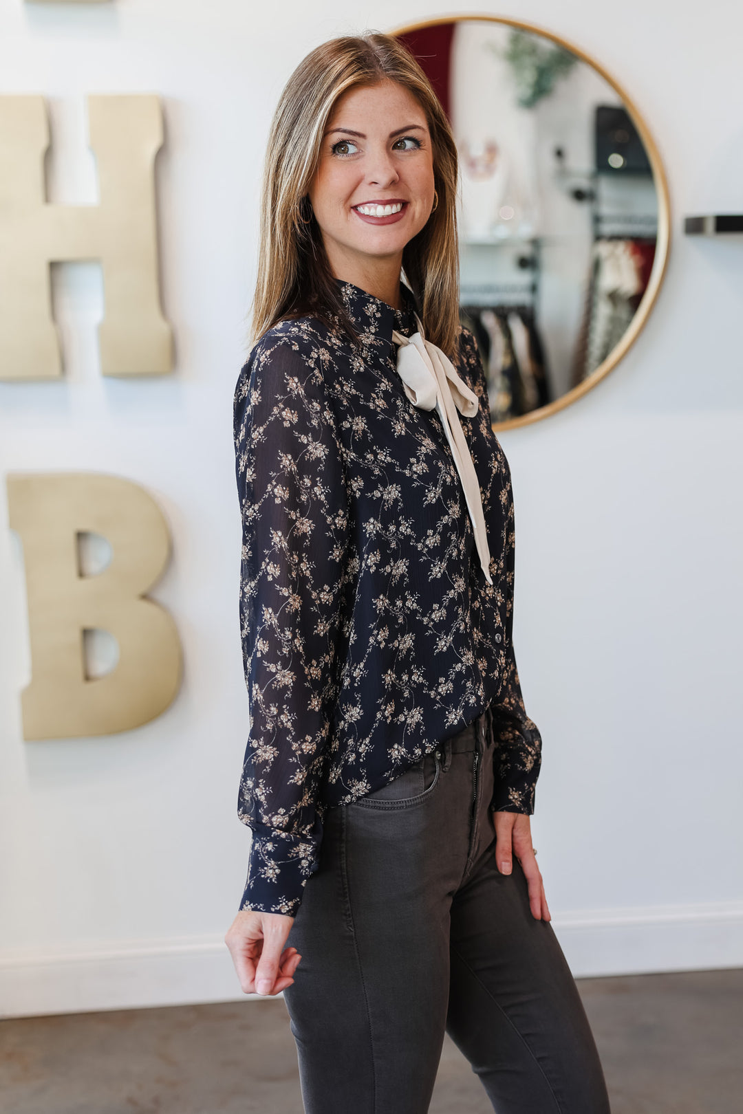 Tie Neck Floral Blouse - Navy