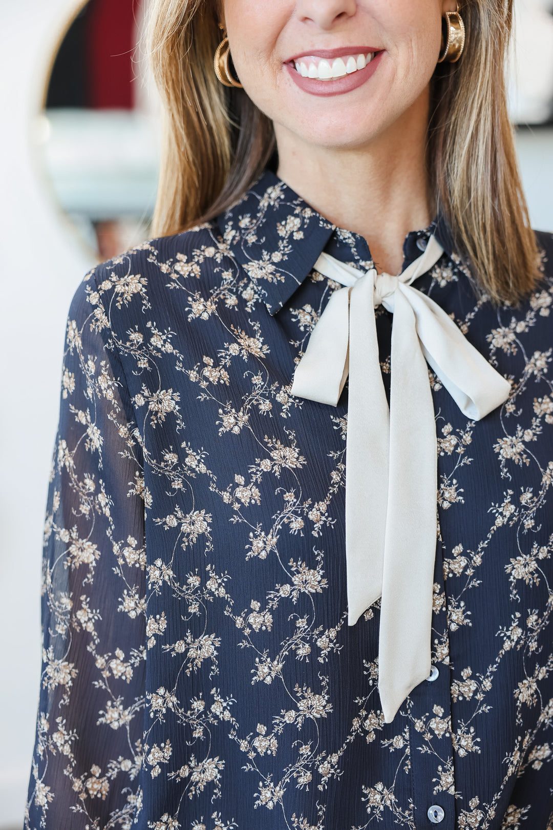 Tie Neck Floral Blouse - Navy