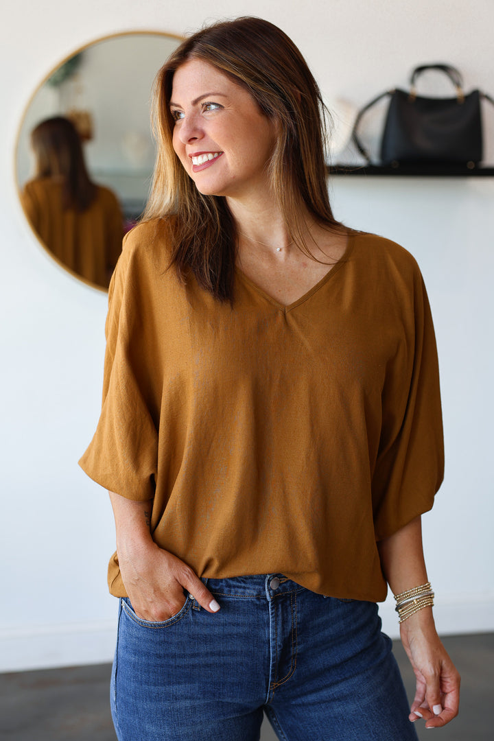 Relaxed V Neck Top - Camel