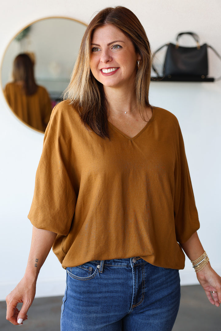Relaxed V Neck Top - Camel