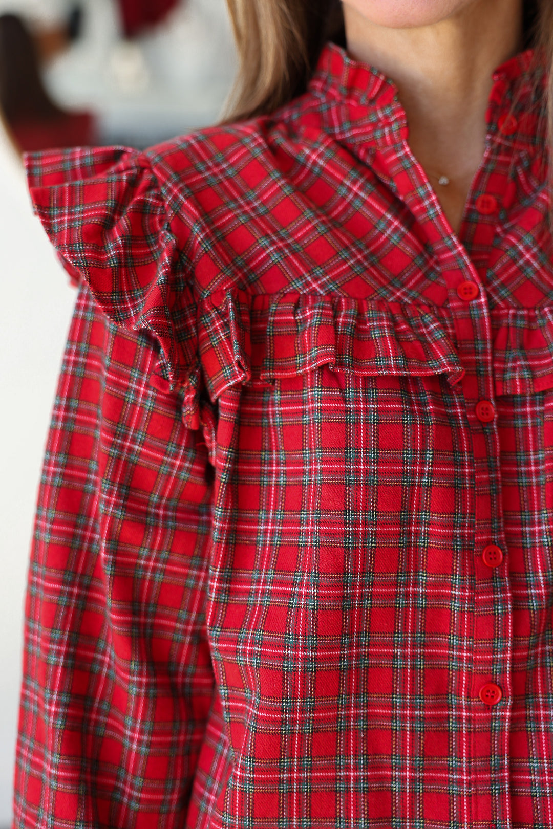 Plaid Ruffle Blouse - Red