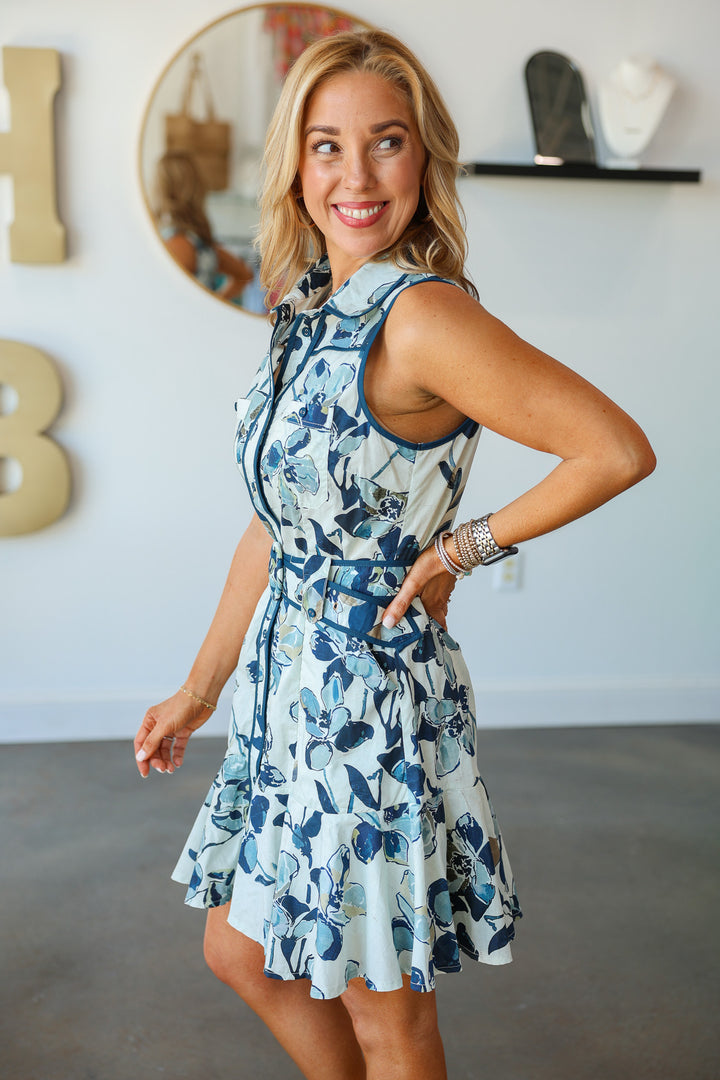 Belted Floral Dress - Navy