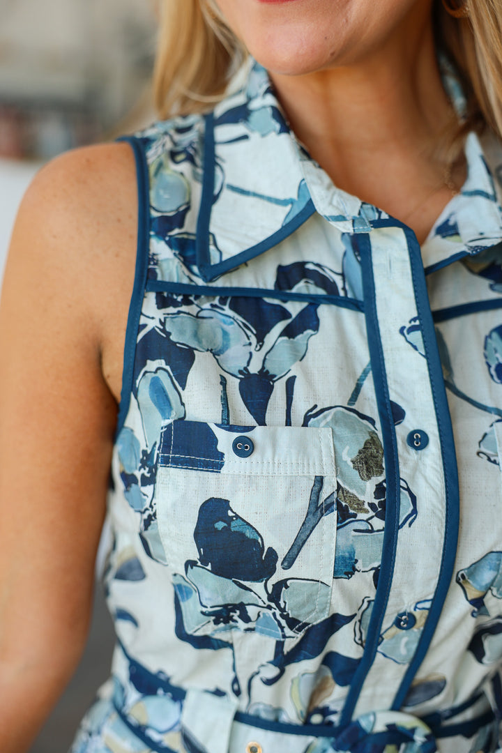 Belted Floral Dress - Navy