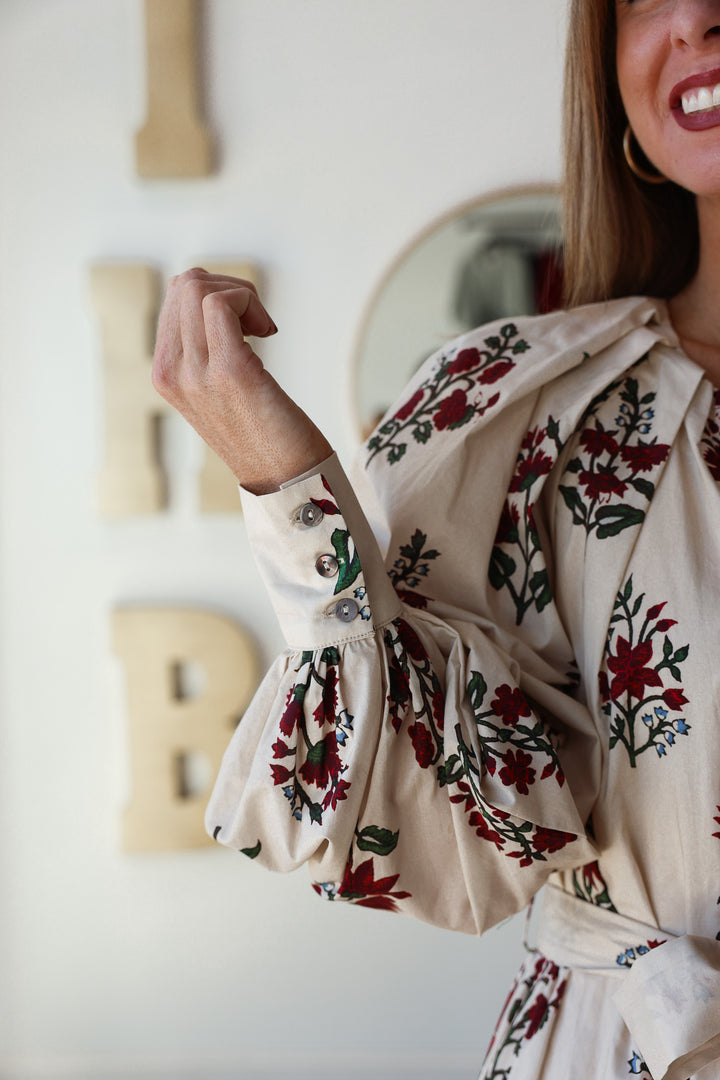 Floral Print Zipper Front Dress - Cream