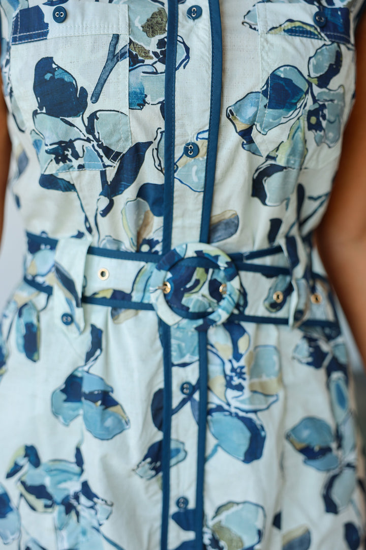 Belted Floral Dress - Navy
