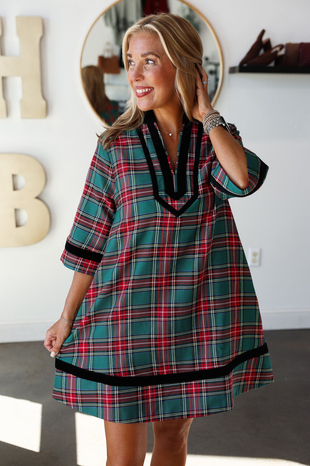 Velvet Trim Plaid Dress