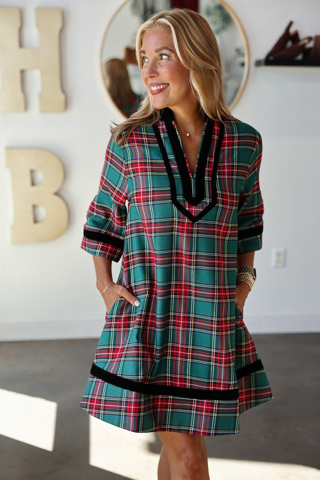 Velvet Trim Plaid Dress