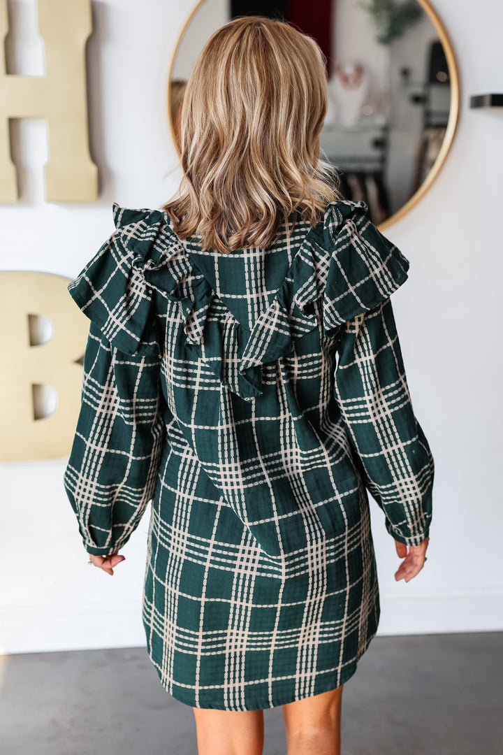 Plaid Ruffle Shoulder Dress - Green