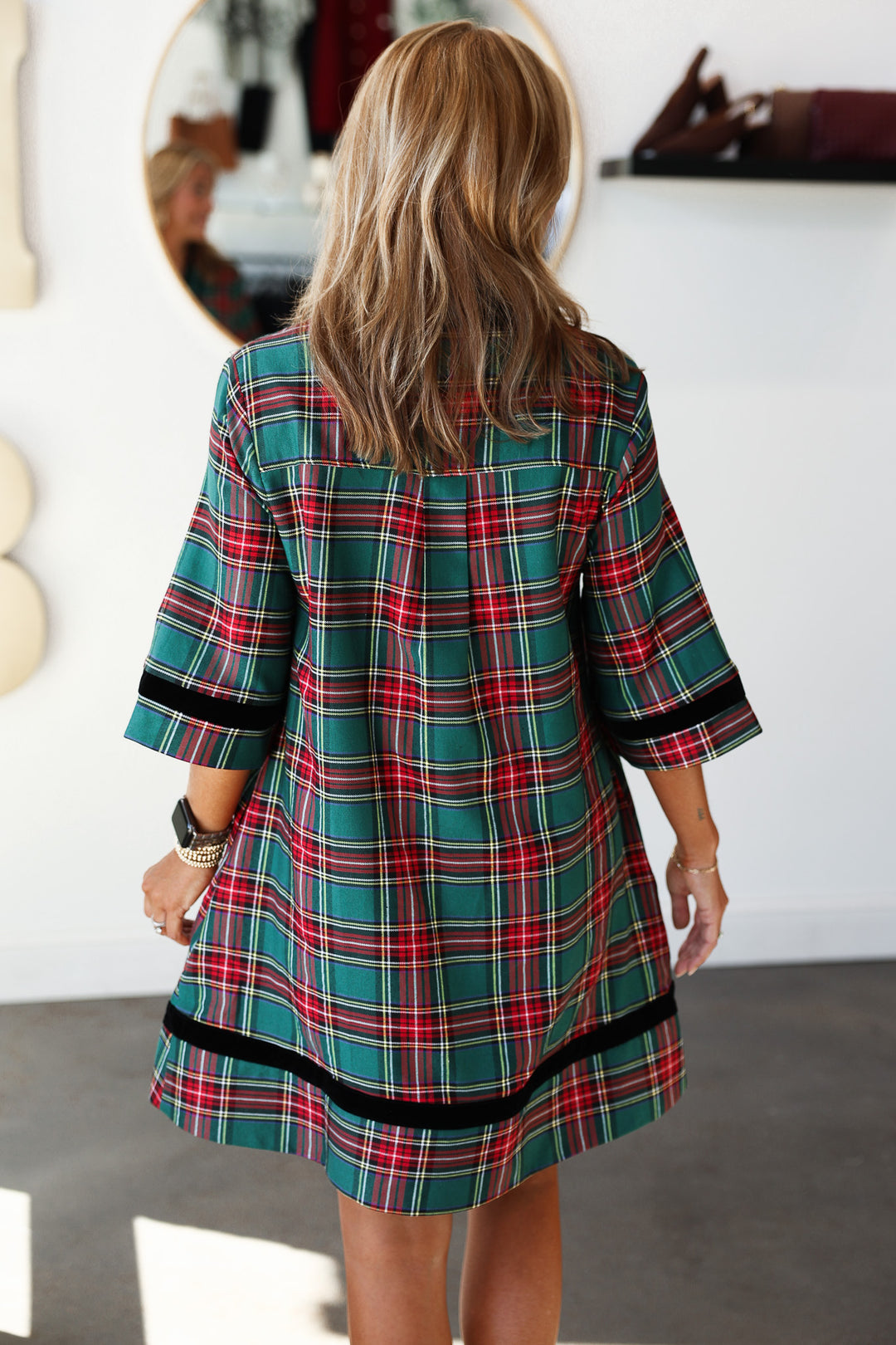Velvet Trim Plaid Dress