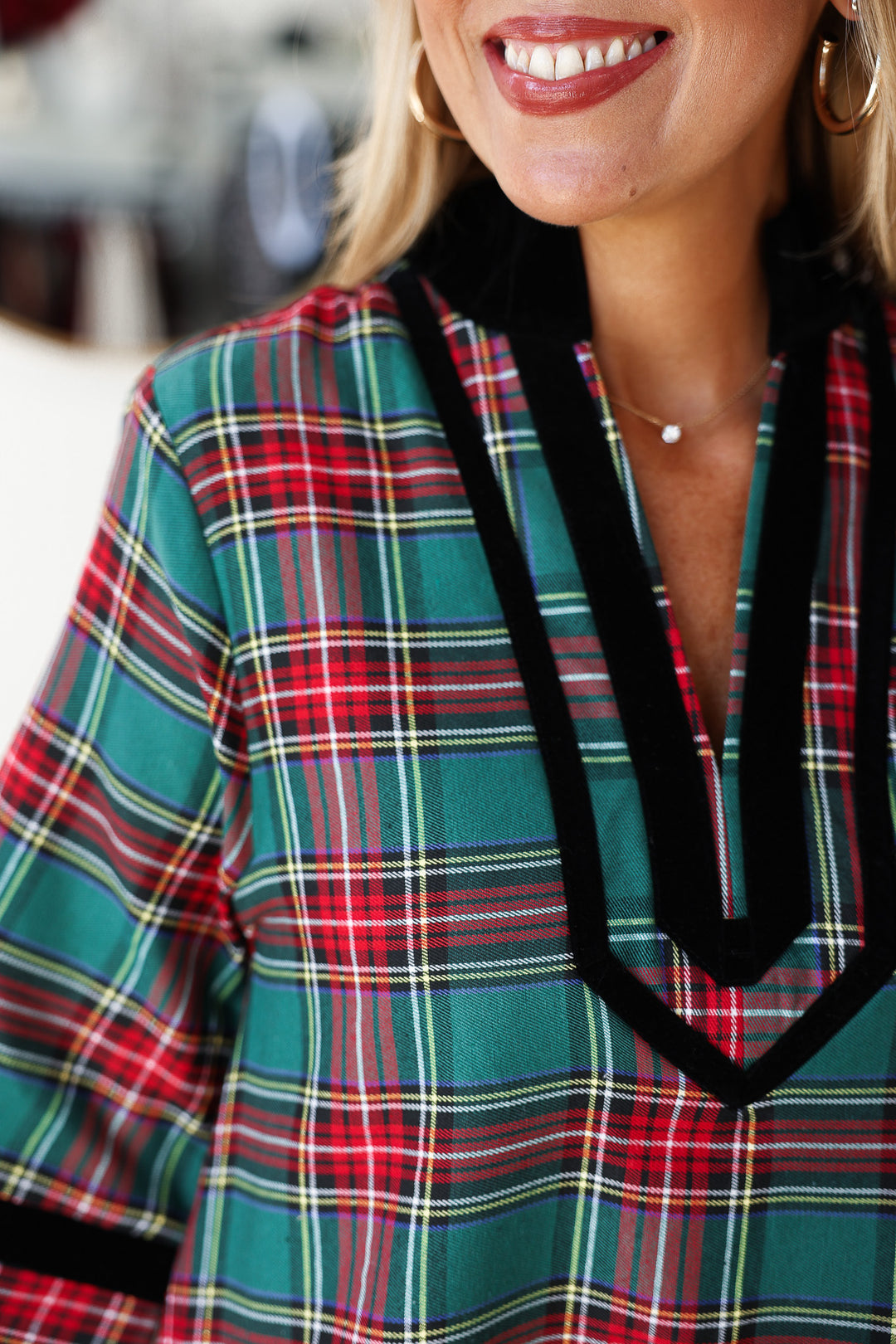 Velvet Trim Plaid Dress