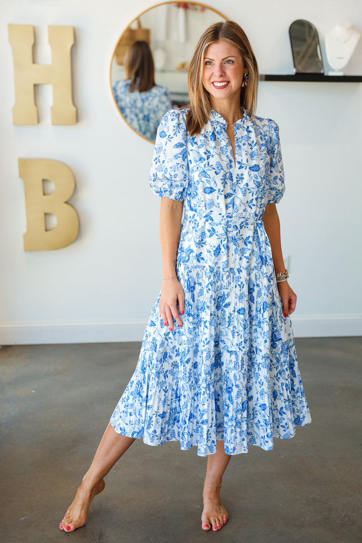Tie Waist Printed Midi Dress - Blue