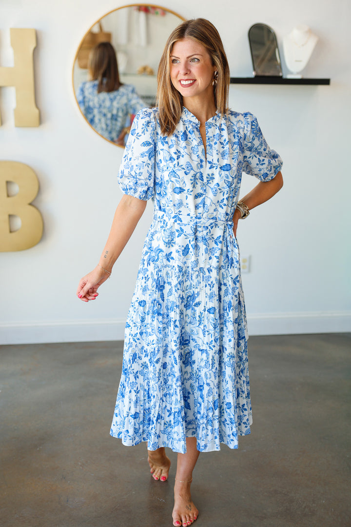 Tie Waist Printed Midi Dress - Blue