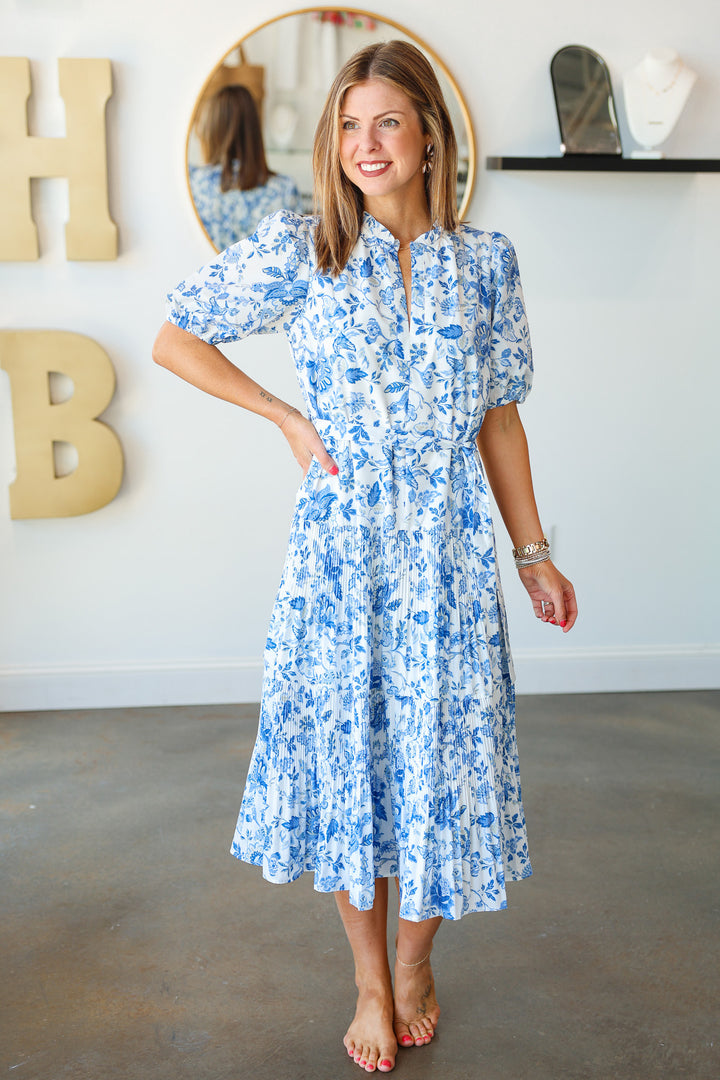 Tie Waist Printed Midi Dress - Blue